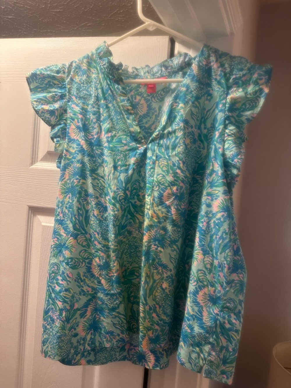Lilly Pulitzer Aqua Floral Ruffle Sleeve Blouse
